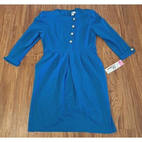 Vintage NEW Darian Dress TEAL Blue Knit 1980s Career Gold Button Pockets 18 - Picture 1 of 11